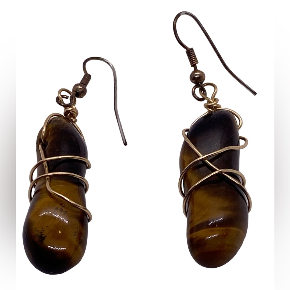 Tiger’s Eye Wire Wrapped Earrings Natural Stone Dangle Boho Gemstone